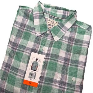Weatherproof Men's NWT XXL Washable Linen Green Blue Plaid Short Sleeve Shirt